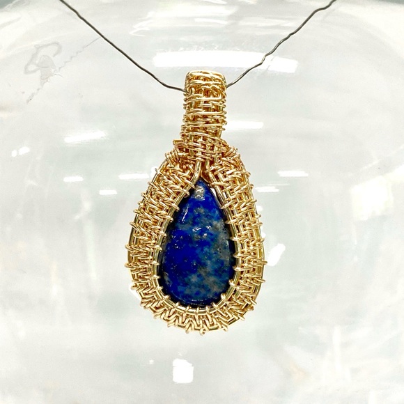 HANDMADE Genuine Lapis Lazuli Hand Wrapped in Gold Plated Wire Statement Pendant - Picture 10 of 10